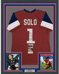 Framed Autographed/Signed Hope Solo 35x39 Red/White/Blue Soccer Team USA World Cup Jersey JSA COA