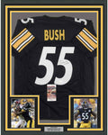 Framed Autographed/Signed Devin Bush 35x39 Pittsburgh Black Football Jersey JSA COA