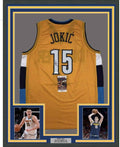 Framed Autographed/Signed Nikola Jokic 35x39 Denver Yellow Basketball Jersey JSA COA