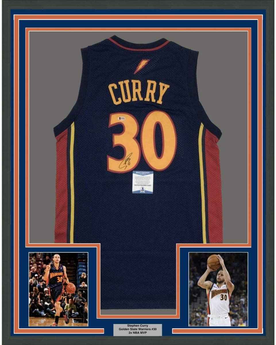 Framed Autographed/Signed Stephen Steph Curry 35x39 Golden State Blue Rookie Basketball Jersey Beckett BAS COA