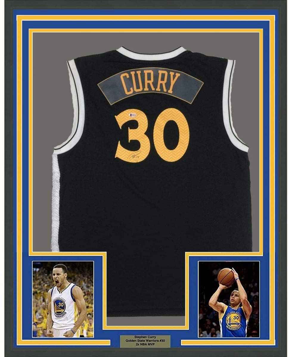 Framed Autographed/Signed Stephen Steph Curry 35x39 Golden State Black Basketball Jersey Beckett BAS COA