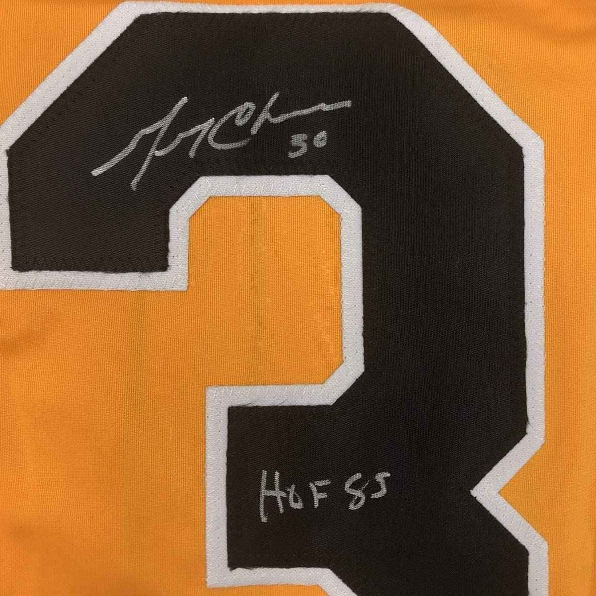 Framed Autographed/Signed Gerry Cheevers HOF 85 35x39 Boston Yellow Hockey Jersey JSA COA