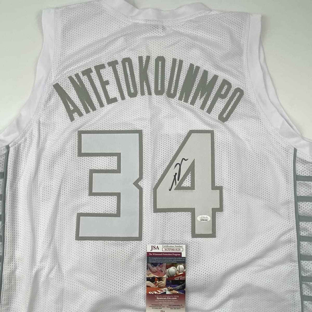 Autographed/Signed Giannis Antetokounmpo Milwaukee White Ice Basketball Jersey JSA COA
