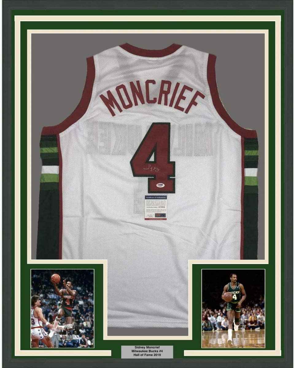 Framed Autographed/Signed Sidney Moncrief 35x39 Milwaukee White Basketball Jersey PSA/DNA COA