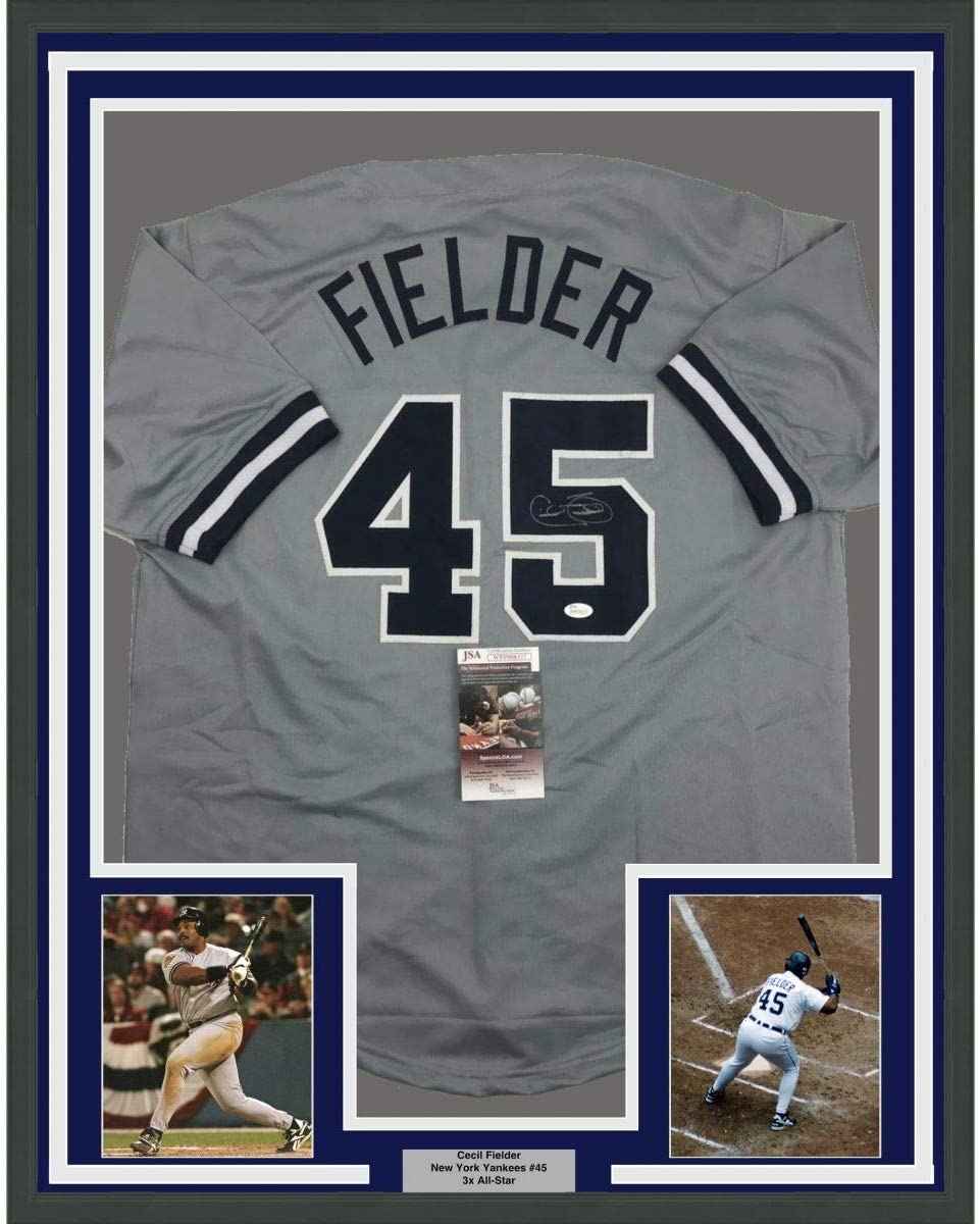 Framed Autographed/Signed Cecil Fielder 35x39 New York Grey Baseball Jersey JSA COA