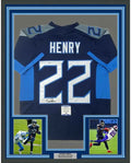 Framed Autographed/Signed Derrick Henry 35x39 Tennessee Dark Blue Football Jersey Beckett BAS COA