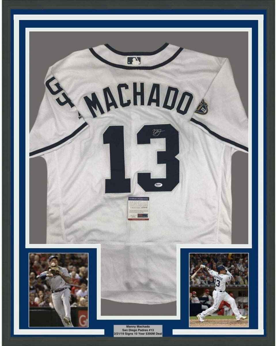Framed Autographed/Signed Manny Machado 35x39 San Diego White Baseball Jersey PSA/DNA COA
