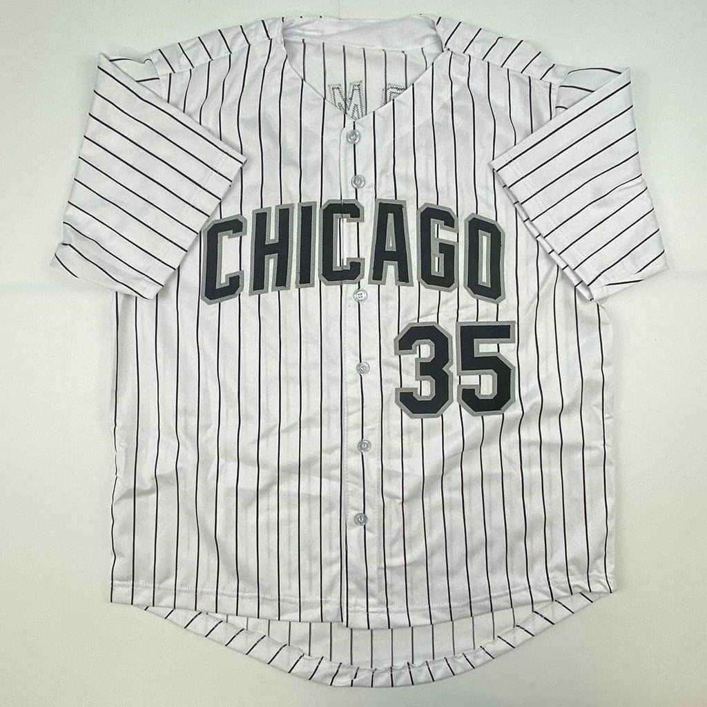 Autographed/Signed Frank Thomas HOF 2014 Chicago Pinstripe Baseball Jersey JSA COA