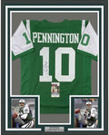 Framed Autographed/Signed Chad Pennington 35x39 New York Green Football Jersey JSA COA