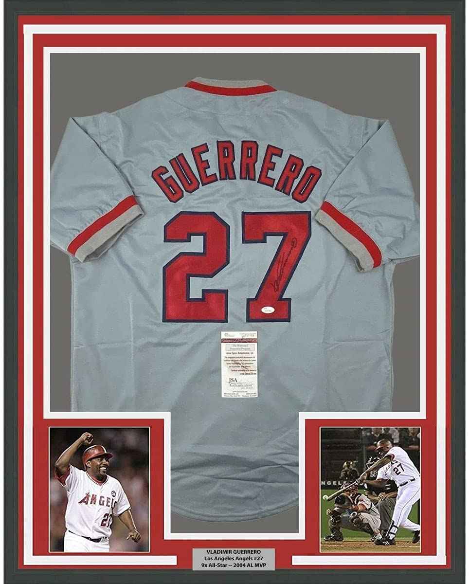 Framed Autographed/Signed Vladimir Vlad Guerrero 35x39 Los Angeles LA Anaheim Grey Baseball Jersey JSA COA