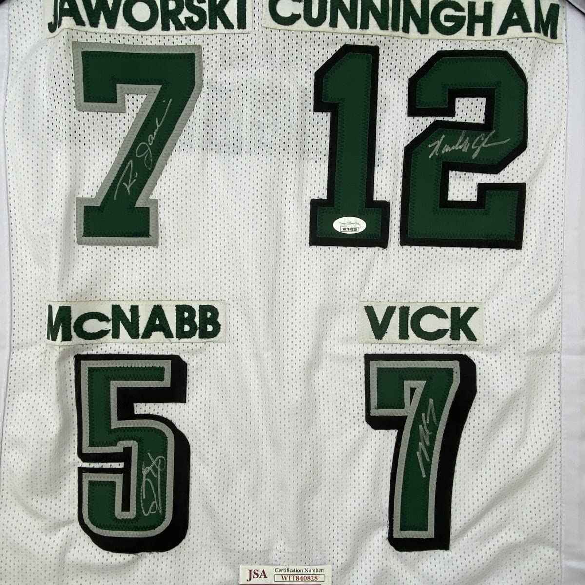 Autographed/Signed Eagles QB Legends McNabb Cunningham Vick Jaworski Philadelphia White Football Jersey JSA COA