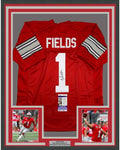 Framed Autographed/Signed Justin Fields 35x39 Ohio State Red College Football Jersey JSA COA