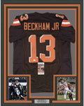 Framed Autographed/Signed Odell Beckham Jr. 35x39 Cleveland Brown Football Jersey JSA COA