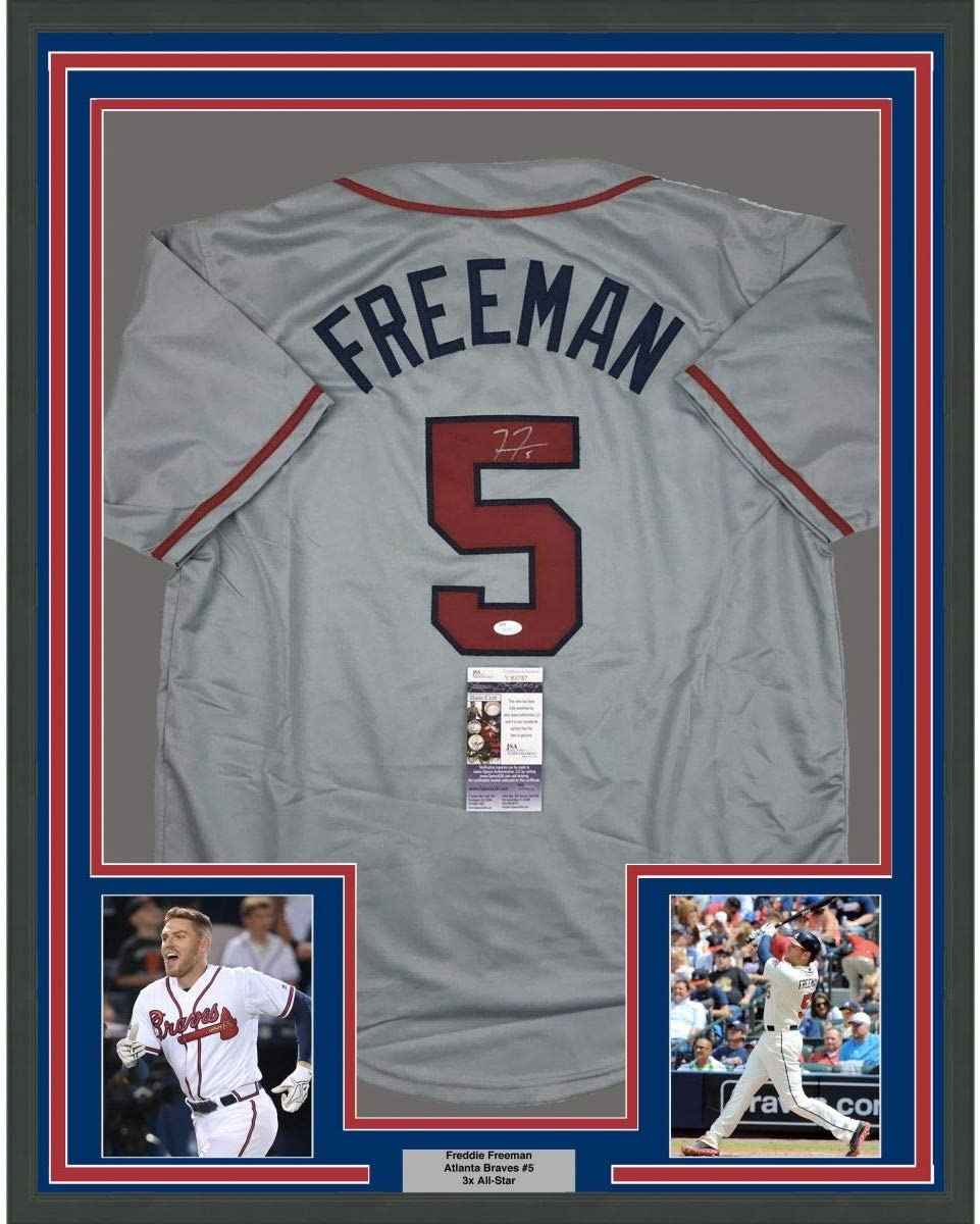 Framed Autographed/Signed Freddie Freeman 35x39 Atlanta Grey Baseball Jersey JSA COA