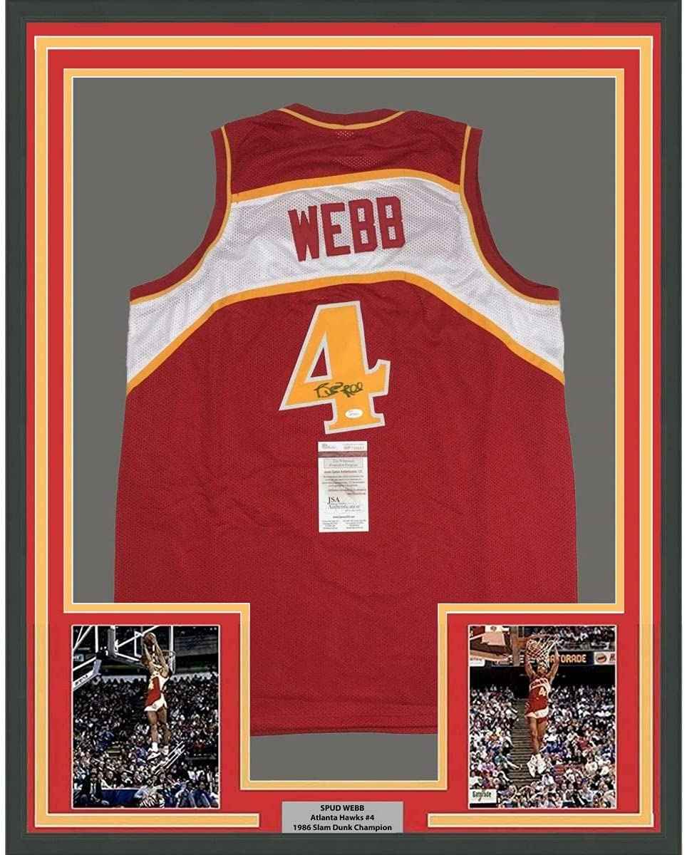 Framed Autographed/Signed Spud Webb 35x39 Atlanta Red Basketball Jersey JSA COA
