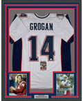 Framed Autographed/Signed Steve Grogan 35x39 New England White Modern Football Jersey JSA COA