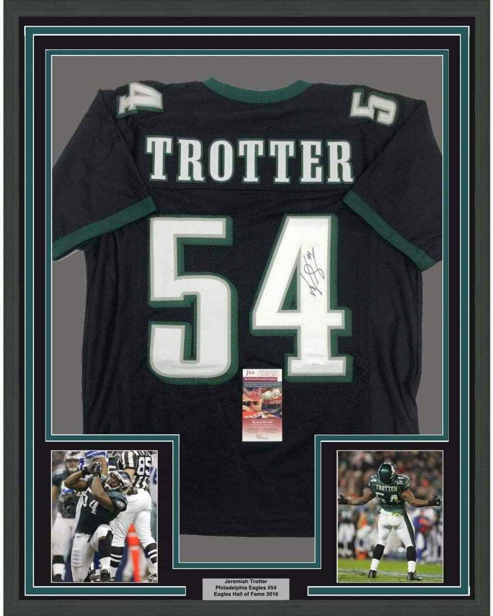 Framed Autographed/Signed Jeremiah Trotter 35x39 Philadelphia Black Football Jersey JSA COA