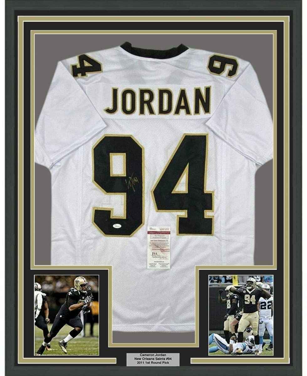 Framed Autographed/Signed Cam Cameron Jordan 35x39 New Orleans White Football Jersey JSA COA