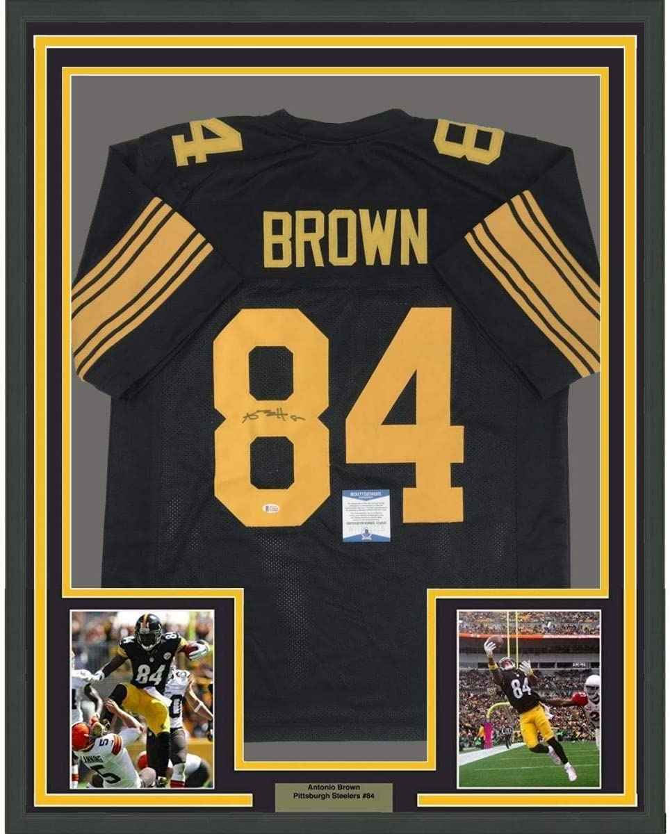 Framed Autographed/Signed Antonio Brown 35x39 Pittsburgh Steelers Color Rush Black Football Jersey Beckett BAS COA