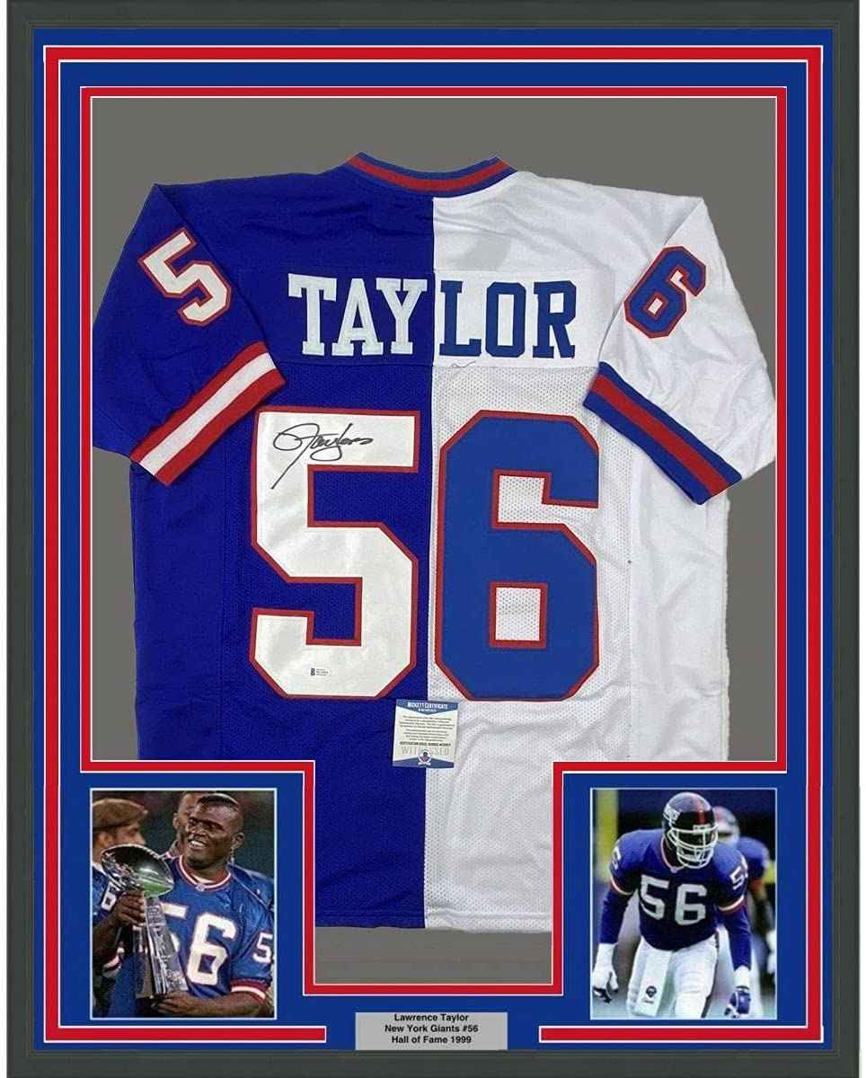 Framed Autographed/Signed Lawrence Taylor 35x39 New York Split Football Jersey Beckett BAS COA