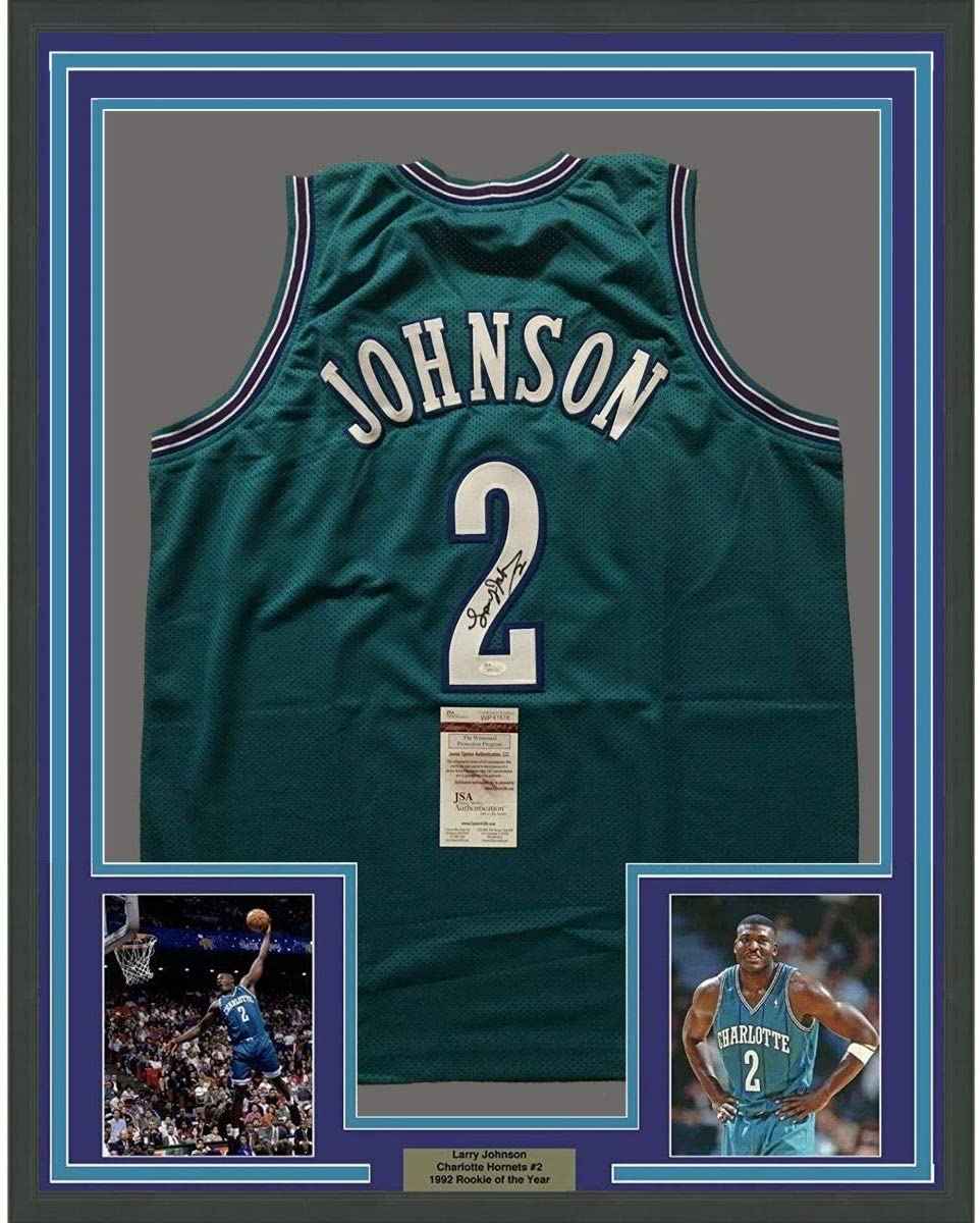 Framed Autographed/Signed Larry Johnson 35x39 Charlotte Teal Basketball Jersey JSA COA