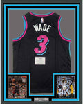 Framed Autographed/Signed Dwyane Wade 35x39 Miami Heat Black Vice City Basketball Jersey Fanatics COA