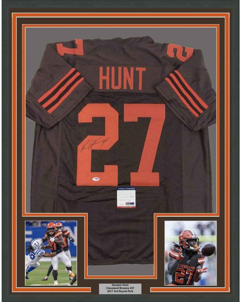 Framed Autographed/Signed Kareem Hunt 35x39 Cleveland Color Rush Football Jersey PSA/DNA COA