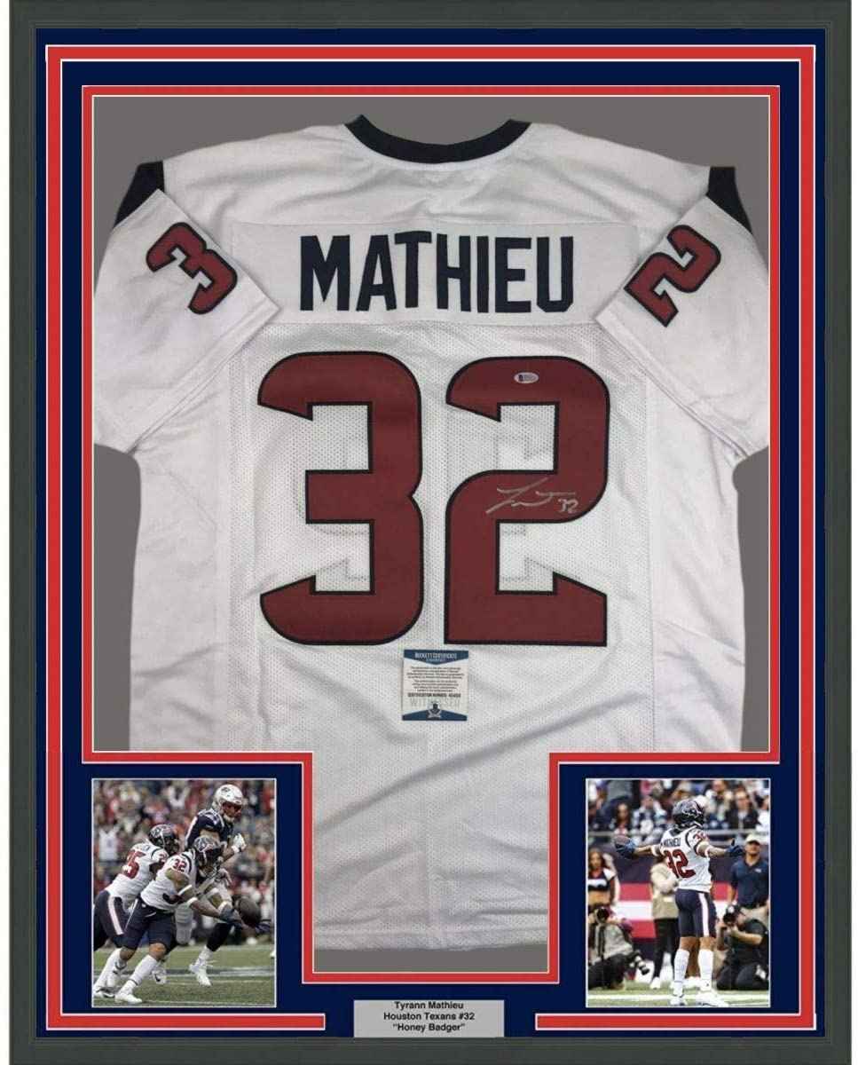 Framed Autographed/Signed Tyrann Mathieu 35x39 Houston White Football Jersey Beckett BAS COA