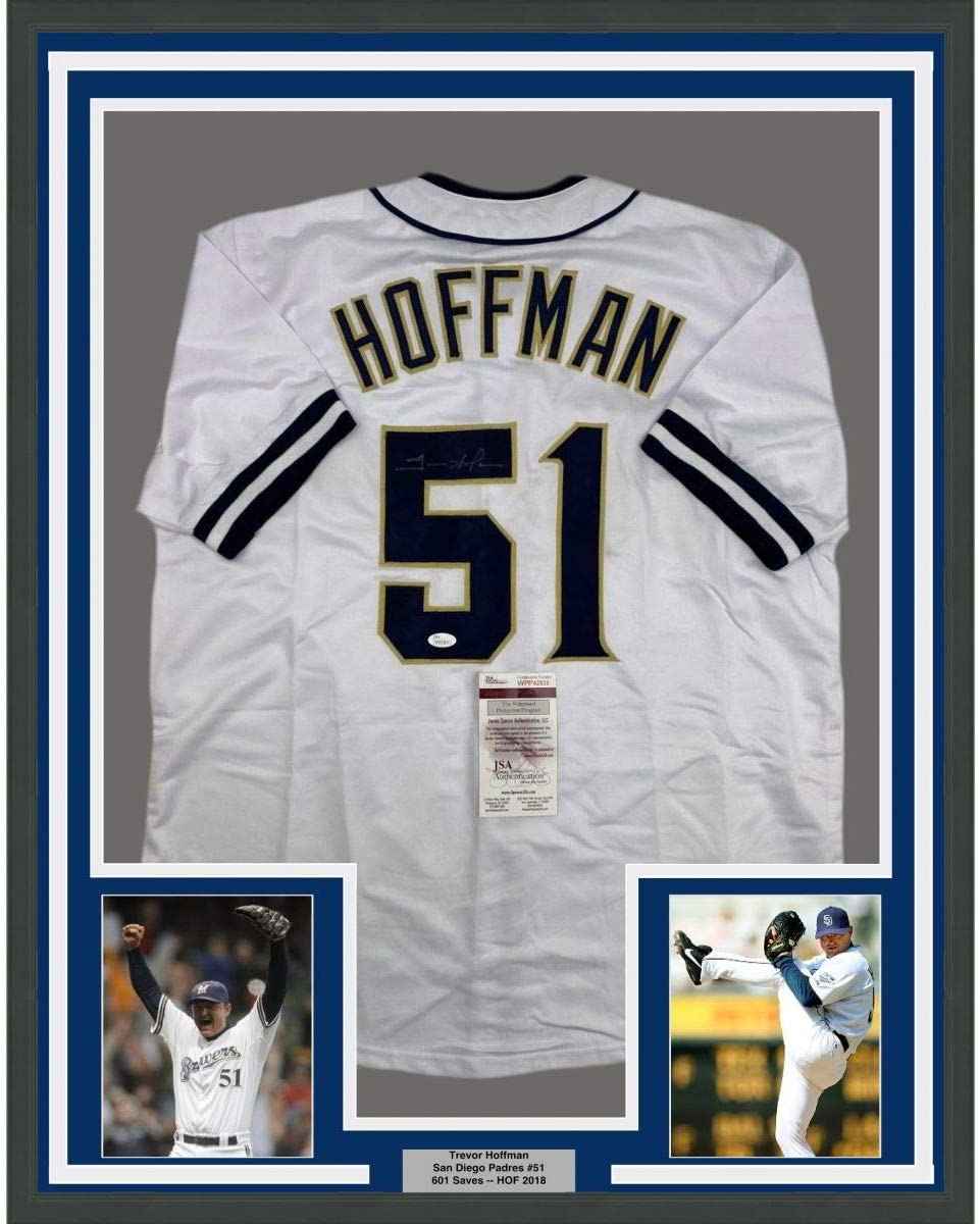 Framed Autographed/Signed Trevor Hoffman 35x39 San Diego White Baseball Jersey JSA COA