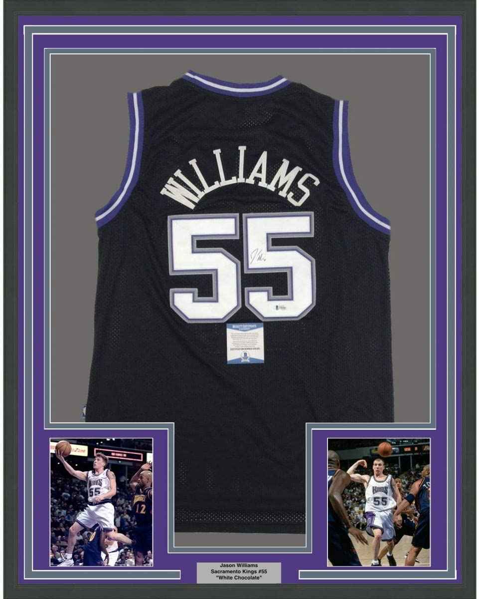 Framed Autographed/Signed Jason Williams 35x39 Sacramento Black Basketball Jersey Beckett BAS COA