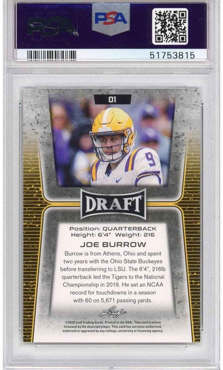 Graded 2020 Leaf Draft Joe Burrow #1 Gold Rookie RC Football Card PSA 10 Gem Mint