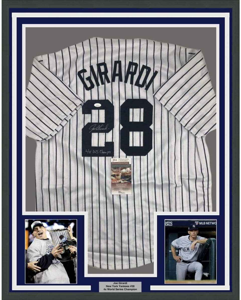 Framed Autographed/Signed Joe Girardi 4x WS Champs 35x39 New York Pinstripe Baseball Jersey JSA COA
