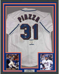 Framed Autographed/Signed Mike Piazza 35x39 New York NY White Baseball Jersey Beckett BAS COA
