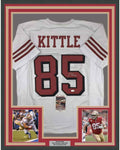 Framed Autographed/Signed George Kittle 35x39 San Francisco White Football Jersey JSA COA
