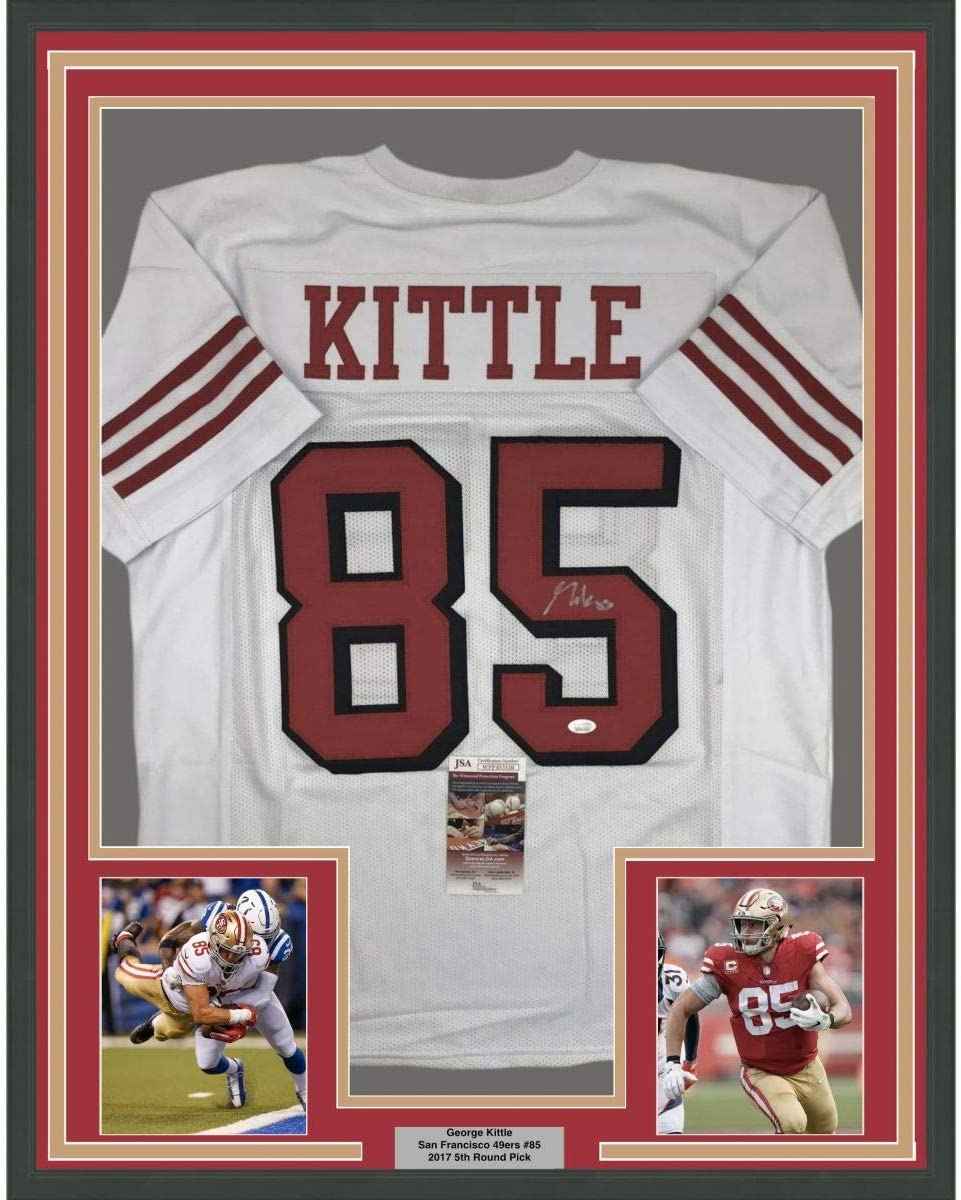 Framed Autographed/Signed George Kittle 35x39 San Francisco White Football Jersey JSA COA