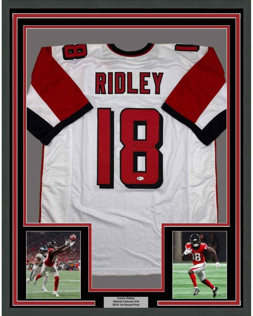 Framed Autographed/Signed Calvin Ridley 35x39 Atlanta White Football Jersey Beckett BAS COA