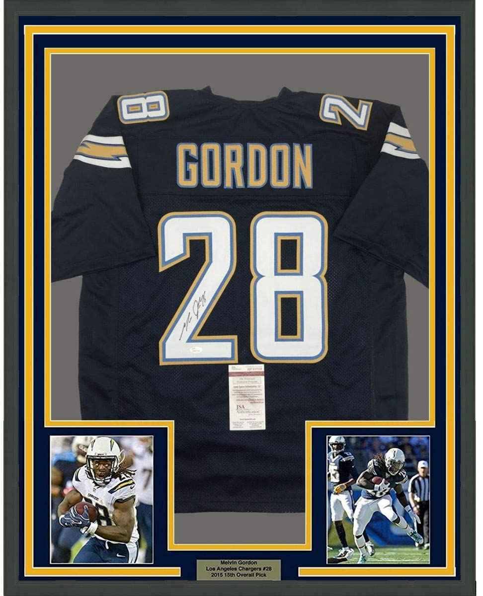 Framed Autographed/Signed Melvin Gordon 35x39 Los Angeles LA Dark Blue Football Jersey JSA COA