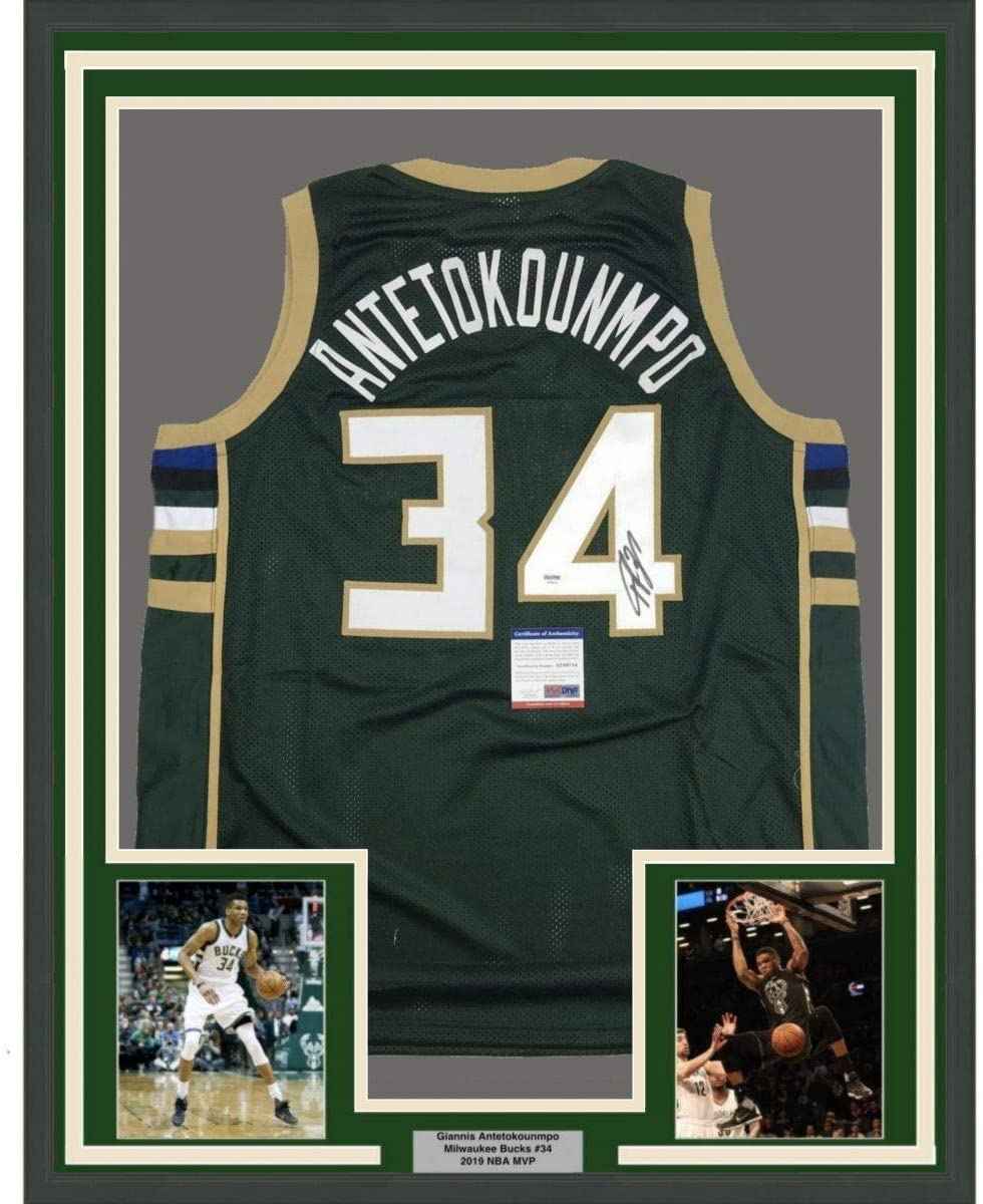 Framed Autographed/Signed Giannis Antetokounmpo 35x39 Milwaukee Green Basketball Jersey PSA/DNA COA