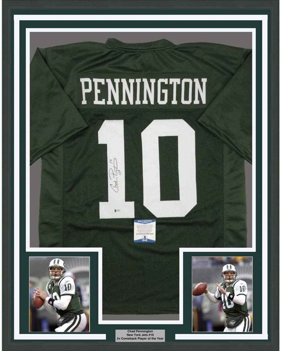 Framed Autographed/Signed Chad Pennington 35x39 New York Green Football Jersey Beckett BAS COA