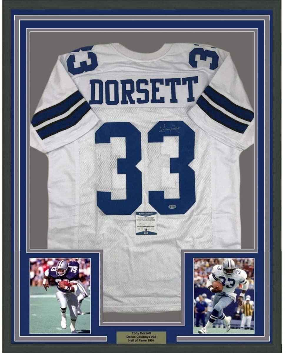 Framed Autographed/Signed Tony Dorsett 35x39 Dallas White Football Jersey Beckett BAS COA