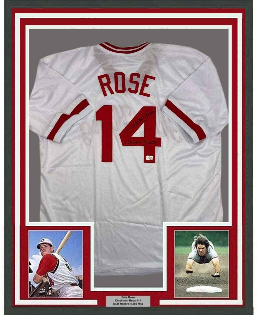 Framed Autographed/Signed Pete Rose Inscribed Charlie Hustle 35x39 Cincinnati White Baseball Jersey Athlete Hologram COA #2