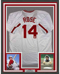 Framed Autographed/Signed Pete Rose Inscribed Charlie Hustle 35x39 Cincinnati White Baseball Jersey Athlete Hologram COA #2