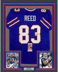 Framed Autographed/Signed Andre Reed HOF 14 35x39 Buffalo Blue Football Jersey JSA COA
