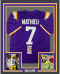 Framed Autographed/Signed Tyrann Mathieu 35x39 LSU Purple College Football Jersey JSA COA