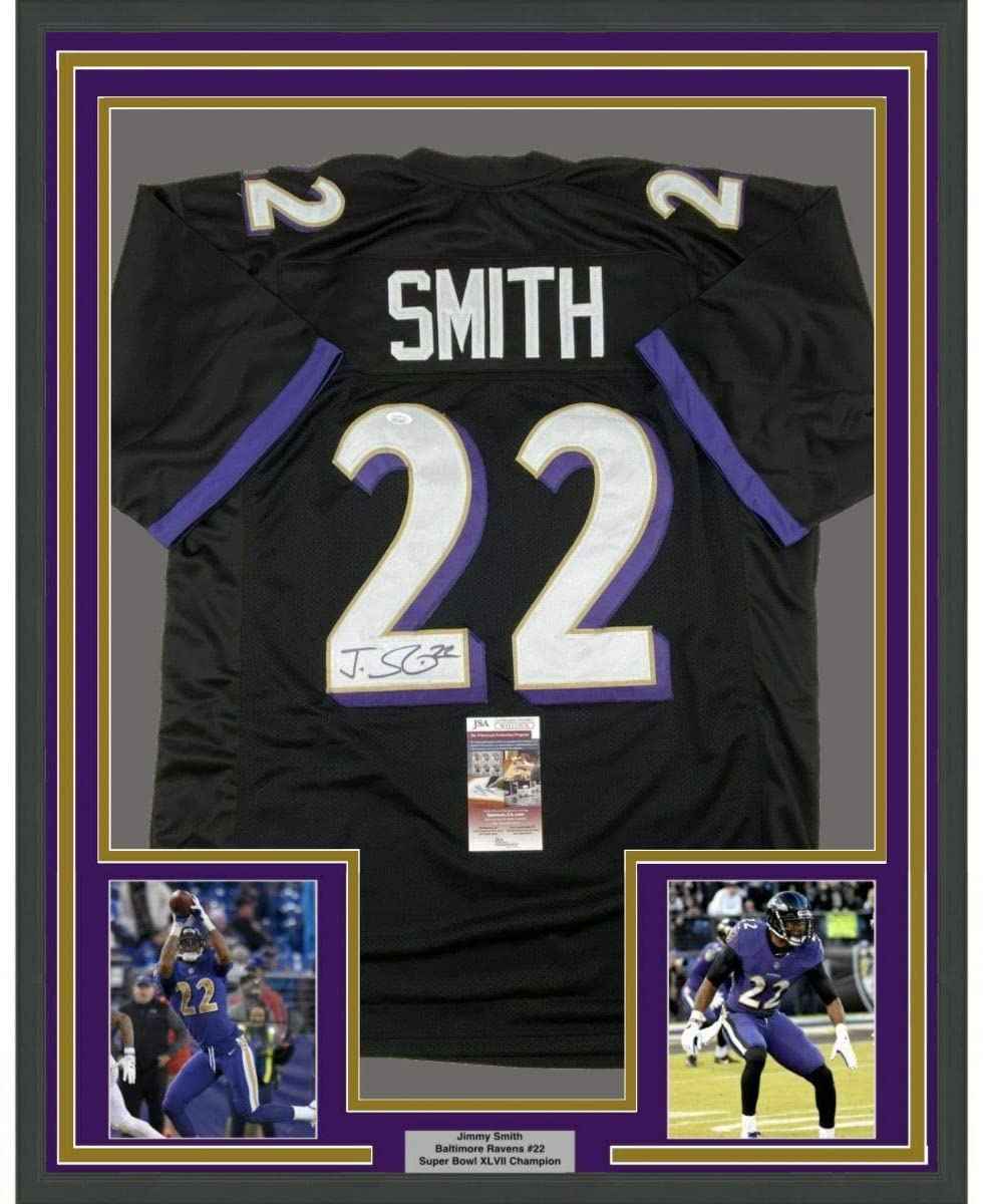 Framed Autographed/Signed Jimmy Smith 35x39 Baltimore Black Football Jersey JSA COA