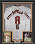 Framed Autographed/Signed Cal Ripken Jr. 35x39 Baltimore White Baseball Jersey JSA COA