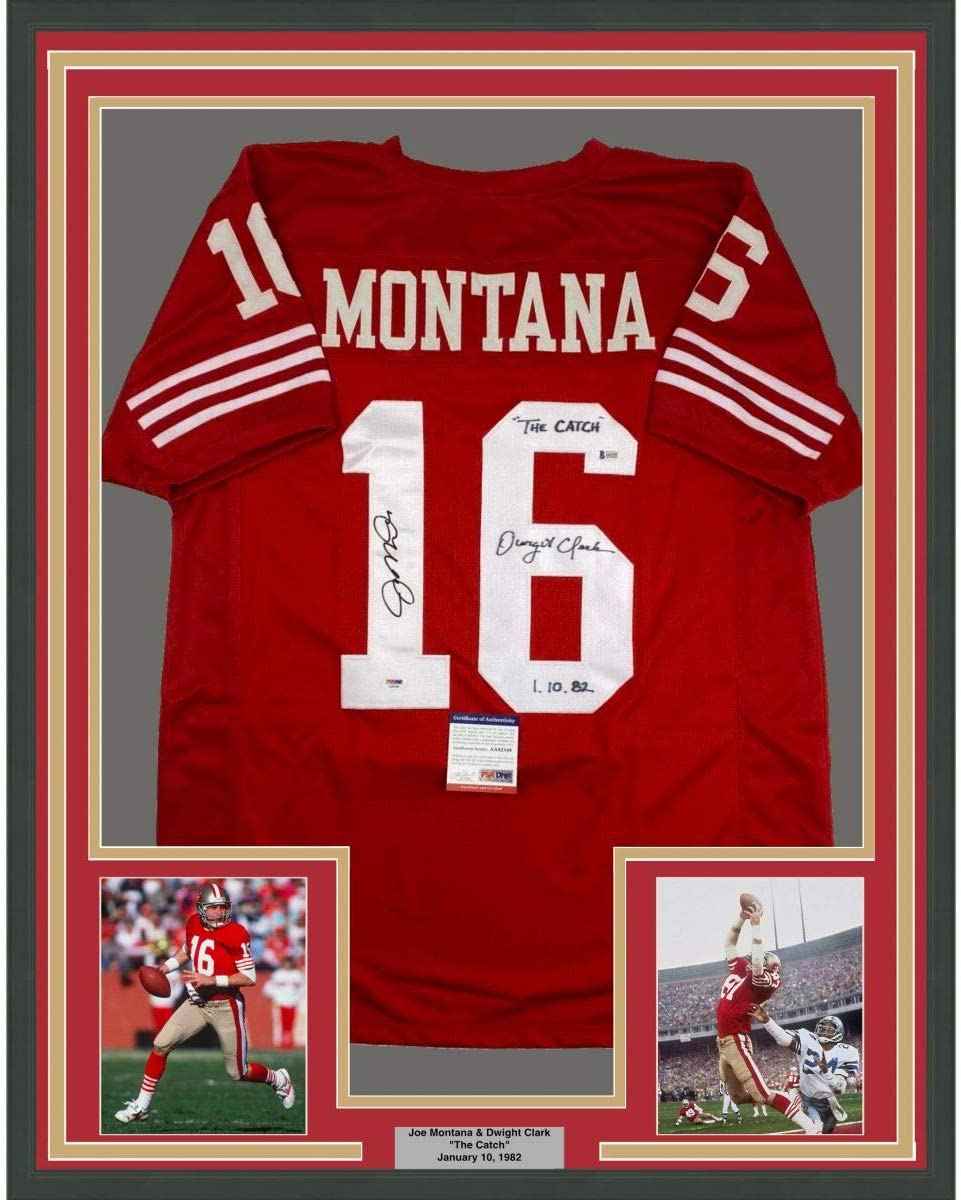 Framed Autographed/Signed Joe Montana & Dwight Clark 35x39 The Catch San Francisco Red Football Jersey PSA/DNA & Beckett BAS COA