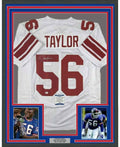 Framed Autographed/Signed Lawrence Taylor 35x39 New York White Football Jersey Beckett BAS COA