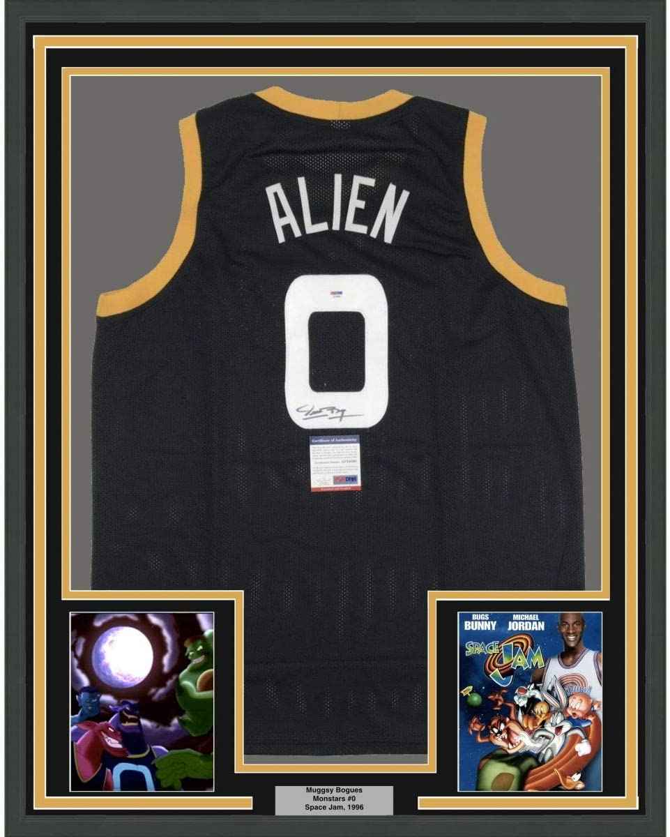 Framed Autographed/Signed Muggsy Bogues 35x39 Alien Space Jam Monstars Black Basketball Jersey PSA/DNA COA
