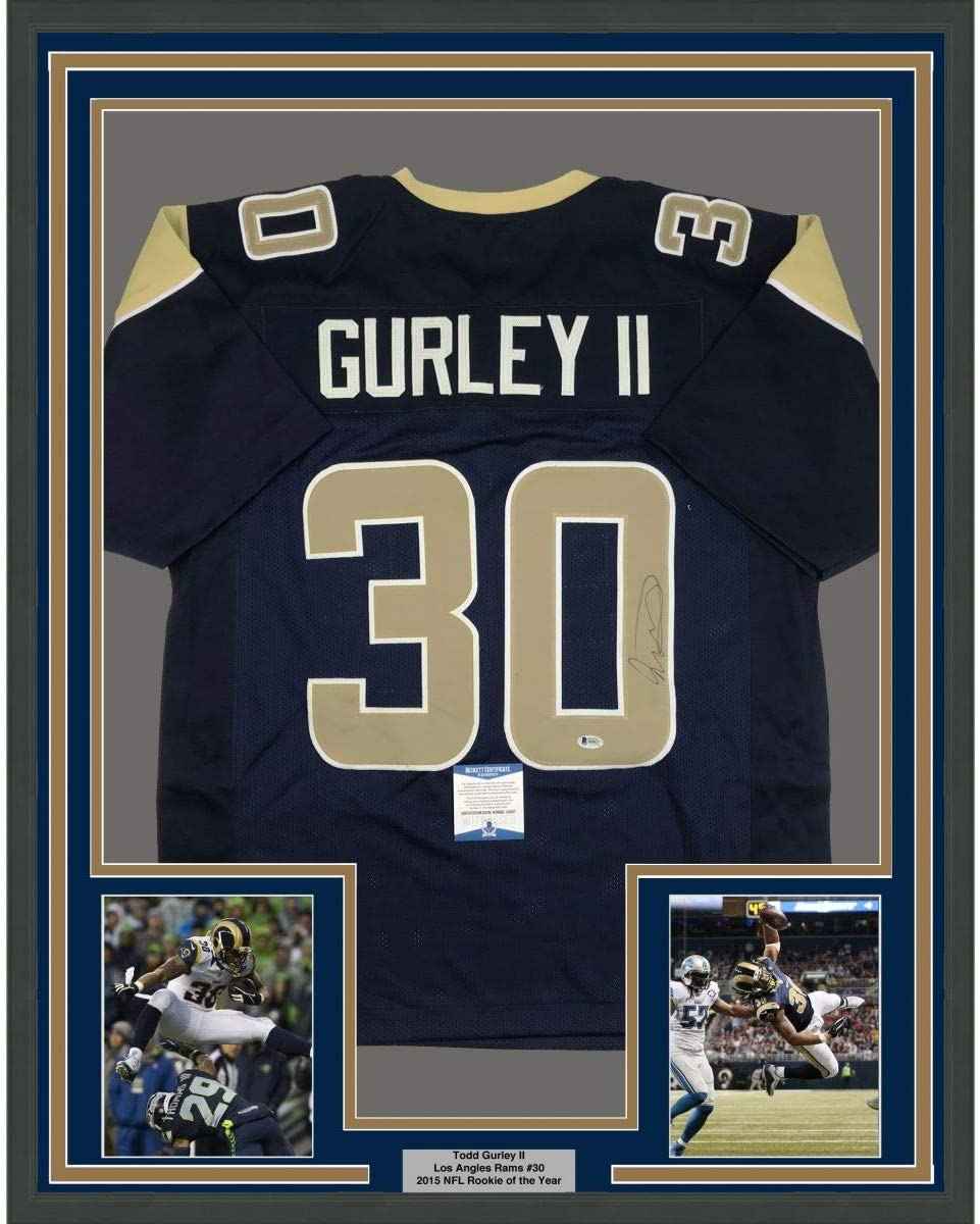 Framed Autographed/Signed Todd Gurley II 35x39 Los Angeles LA Rams Dark Blue Football Jersey Beckett BAS COA